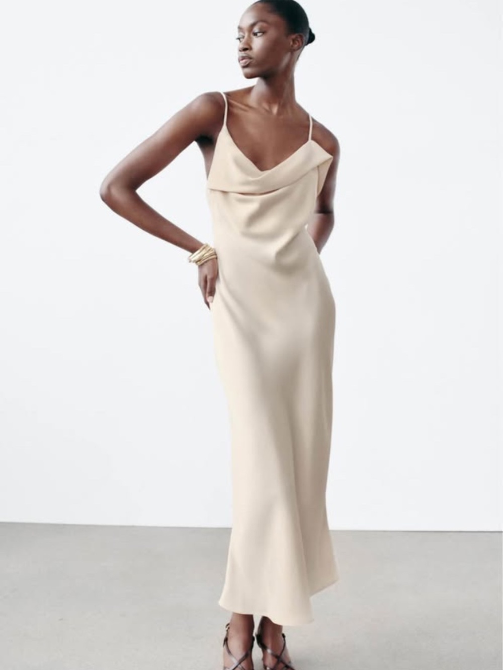 Slip Cowl Neck Maxi Dress in Light Beige